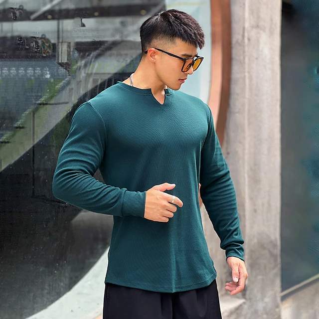 V Neck Long Sleeve Men's Fitness T Shirt Men's Fitness Apparel, Men's Sports & Fitness T