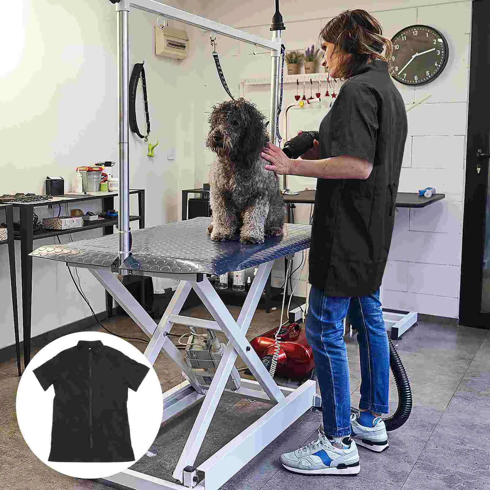 

Black Dog Grooming Smock Short Sleeve Pet Grooming Workwear Full Zipper Anti Static Beautician Hair Grooming Jacket Dog