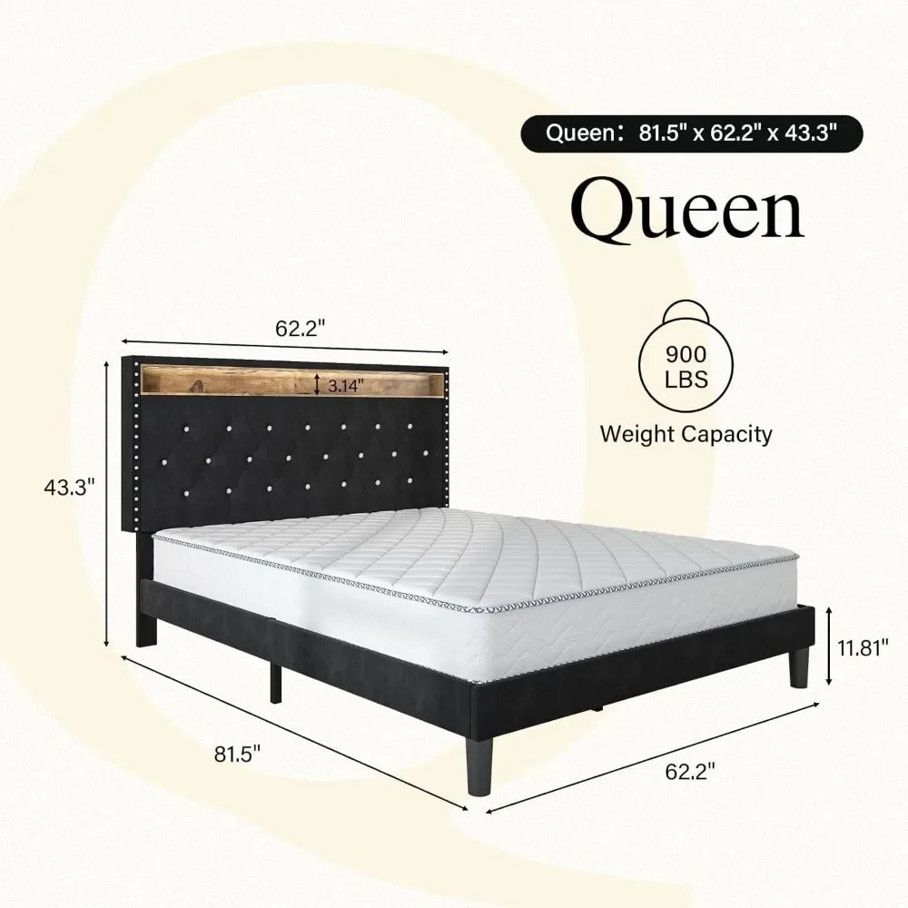 Queen Bed Frame with Led Lights, Charging Station & Storage Shelf Headboard, Diamond Tufted, Black Velvet Upholstered Bed Frame 2