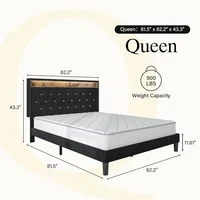 Queen Bed Frame with Led Lights, Charging Station & Storage Shelf Headboard, Diamond Tufted, Black Velvet Upholstered Bed Frame 2