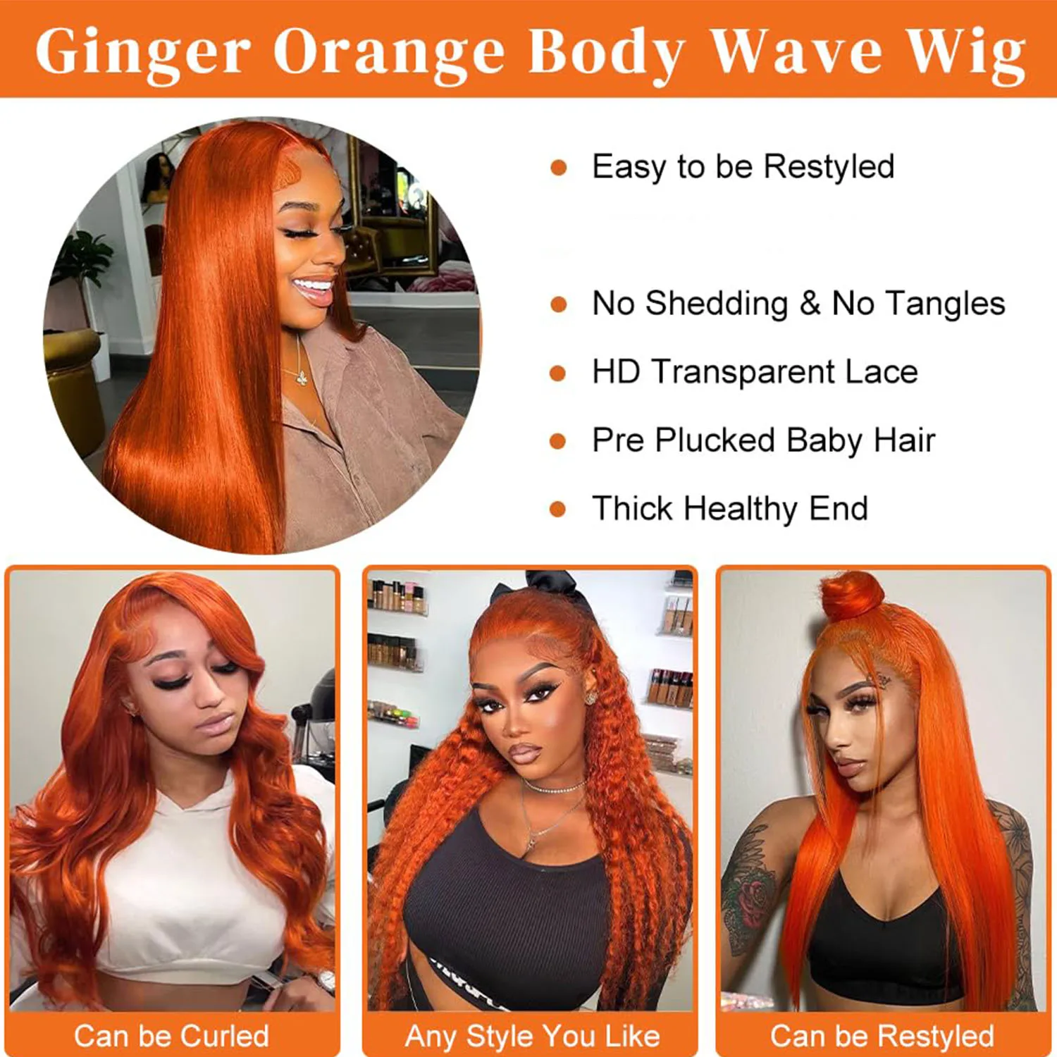 13x4 HD Lace Front Wig 34 Inch Ginger Orange Straight 250 Density Pre Plucked Natural with Baby Hair 5