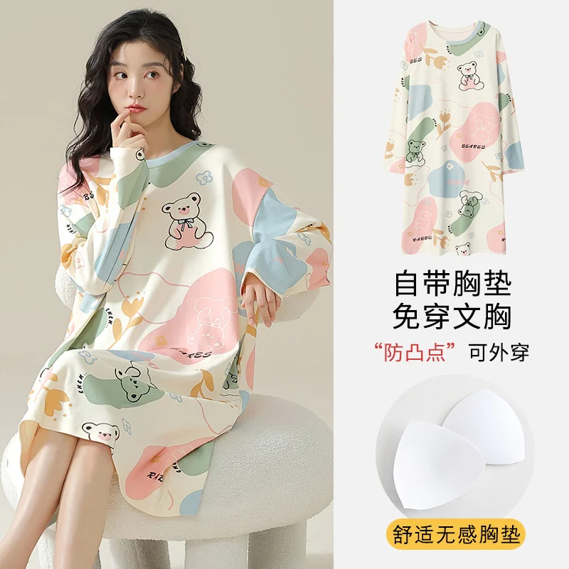 thumbnail image 1 of Camisón de algodón de manga larga para mujer, vestido de casa, camisones de dibujos animados, lencería con estampado de conejo lindo, vestido de noche de otoño e invierno, 1 of 4