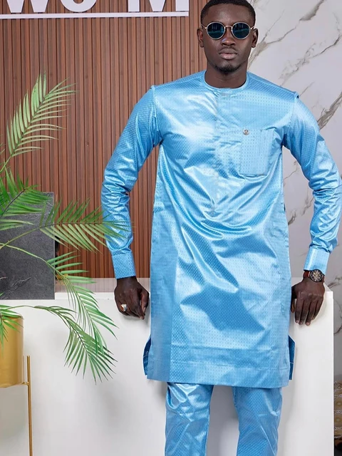 Tenue Africaine Bazin Noir Homme Ensemble Haut Et Pantalon En