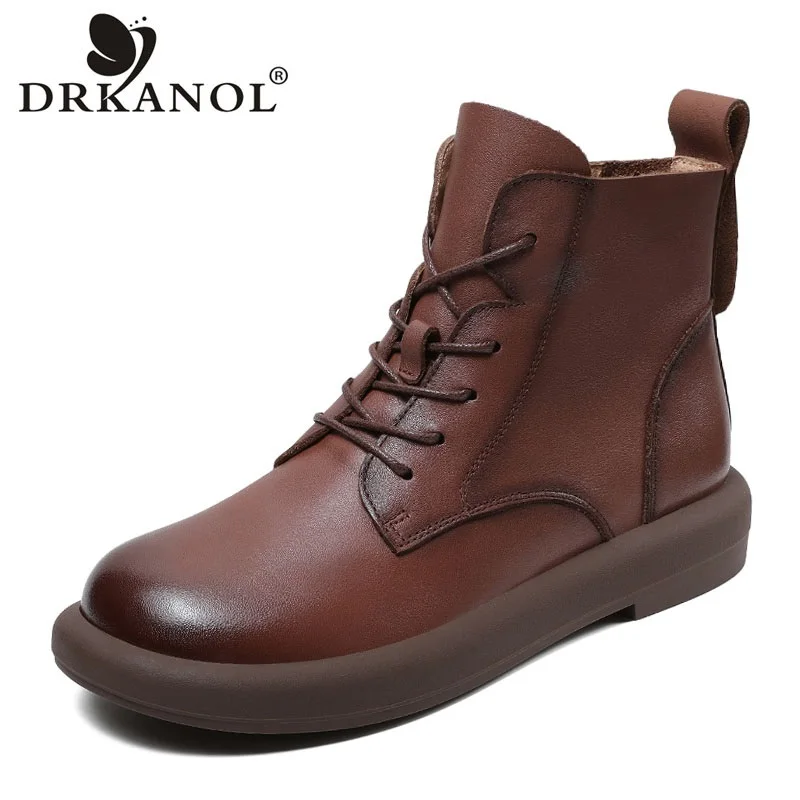 

DRKANOL Fashion British Style Women Short Boots Autumn Round Toe Genuine Leather Flats Soft Soled Lace-Up Zipper Ankle Boots