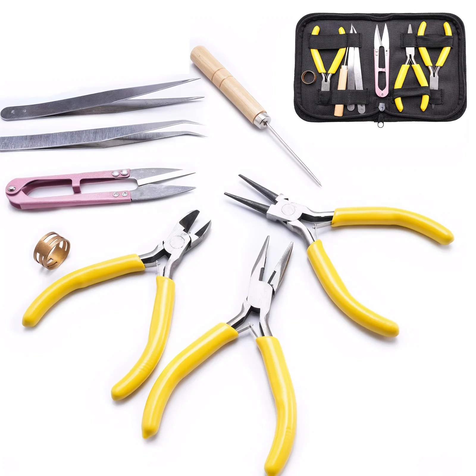 1 set of  yellow jewelry making tool set, DIY handmade tool bag including hand pliers, scissors, tweezers, jump ring opener - 4