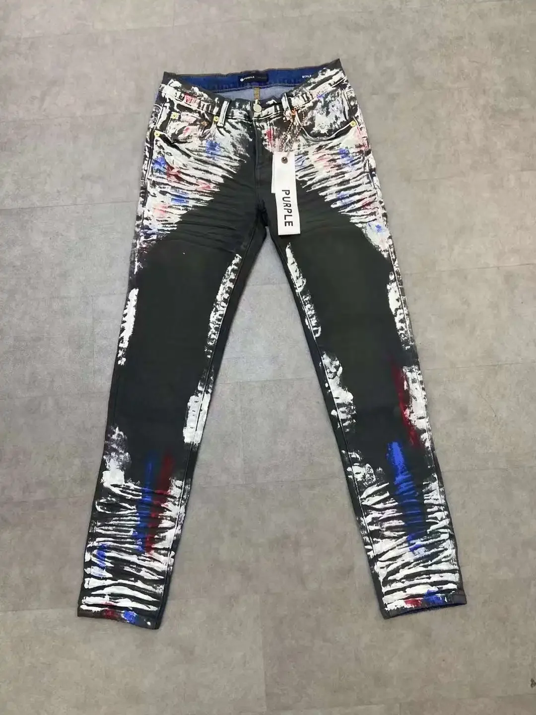 

Arrival Purple Brand Men's High Street Black Denim Slim Fit Paint Colorful graffiti Jeans Trousers