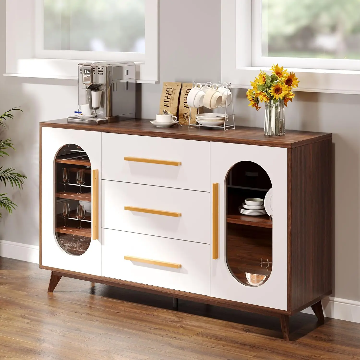 

DWVO Storage Cabinet, 59'' Sideboard Buffet Cabinet with Storage, Coffee Bar Cabinet with 3 Drawers, 2 Glass Doors