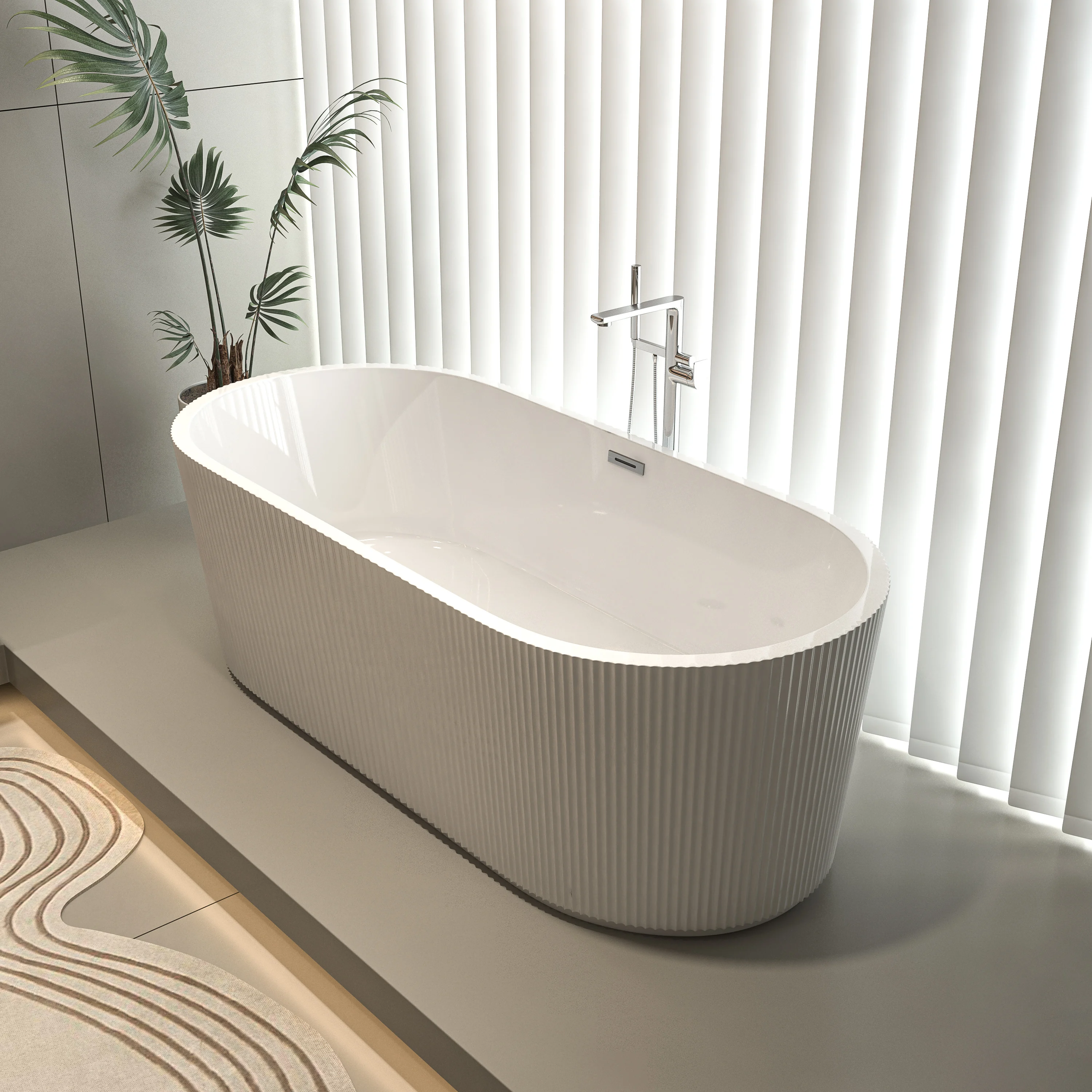 67" Acrylic Freestanding Bathtub-Acrylic Soaking Tubs, Fluted style-Gloss White Freestanding Bathtub With Chrome Overflow and Po