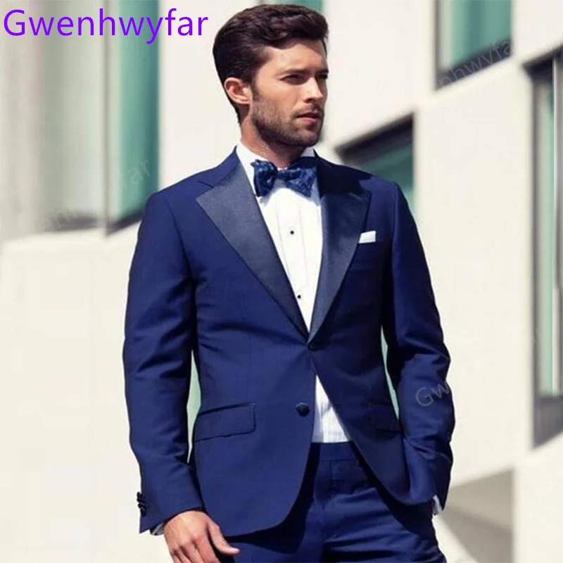 

Gwenhwyfar 2022 Top Quality Trajes De Hombre Jacket and Pants Notch Lapel Two Buttons Blue Wedding Man Suits Business Tuxedo