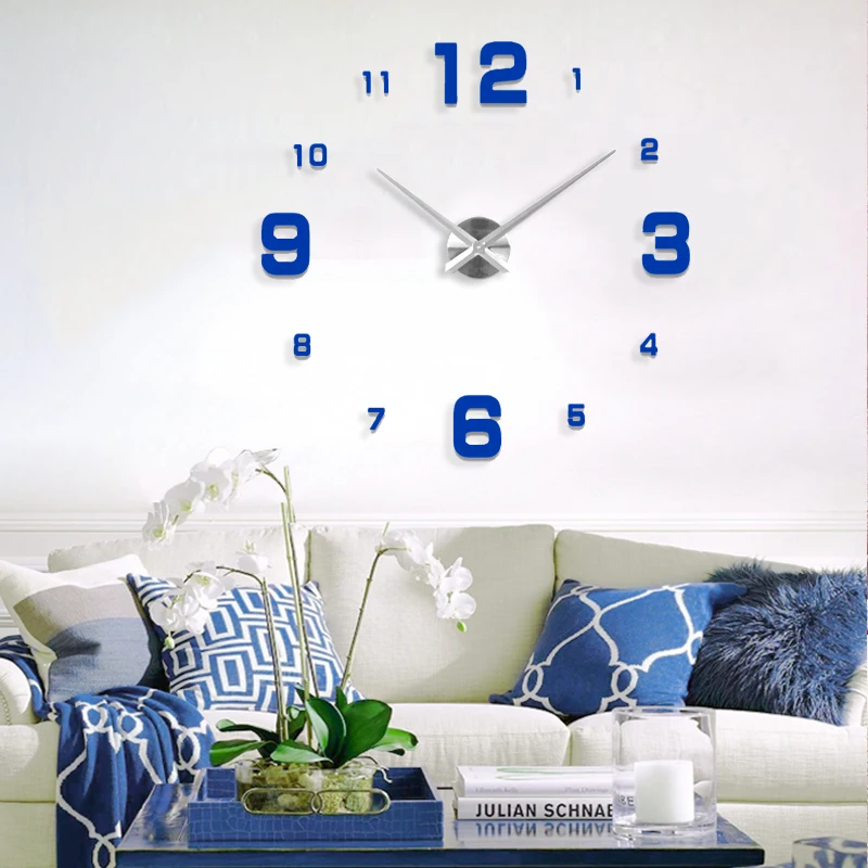 Fashion 3D Mediterranean style big size blue wall clock mirror sticker DIY brief living room decor meetting room wall clock