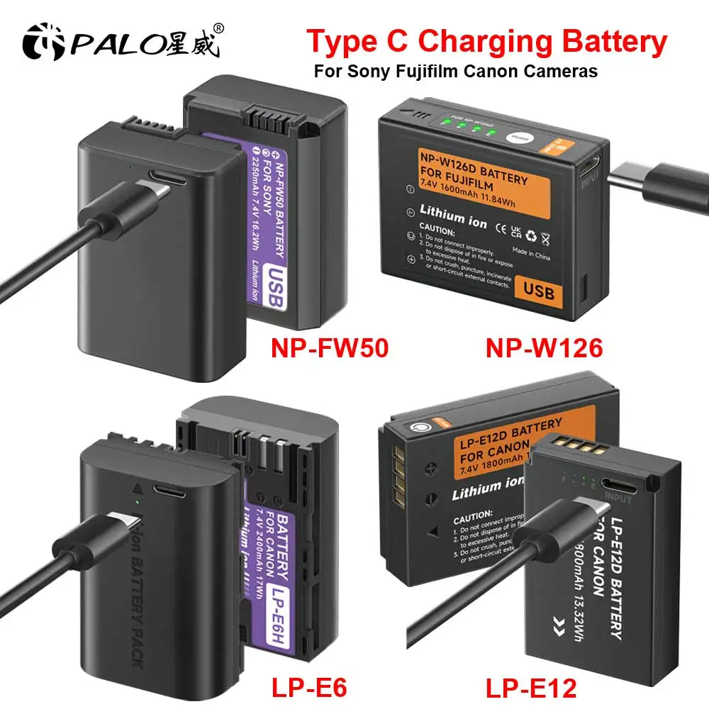 Batteria Palo Np-Fw50 Np-W126 Lp-E12 Lp-E6 Np Fw50 Np W126 Lp E12 Lp E6 Tipo C Batteria Di Ricarica Usb Per Fotocamera Digitale Sony Fujifilm Canon