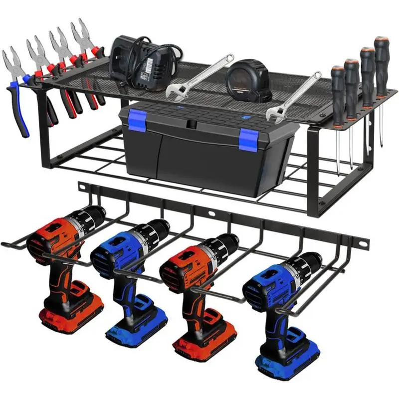 Electric Drill Storage Tool Storage Rack Wall Mounted Load-Bearing Capacity Heavy Duty Metal Tool Shelf Garage Tool Organizer
