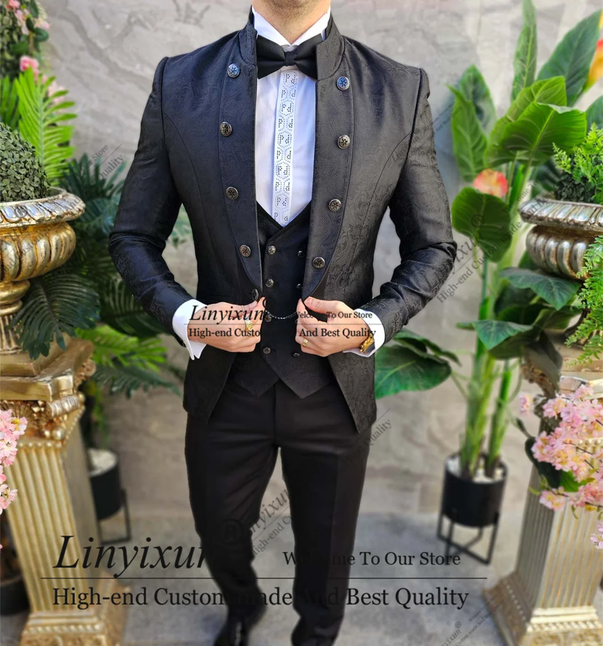 Italian Jacquard Style Mens Suit 3 Pieces Sets Groom Elegent Wedding Tuxedos Prom Blazers trajes para hombre