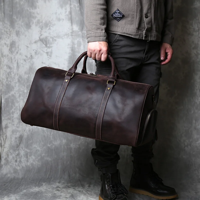 Retro Men's Leather Travel Bag Top Layer Cowhide Large-Capacity Travel Bag Crazy Horse Leather Handbag Messenger Bag NZPJ