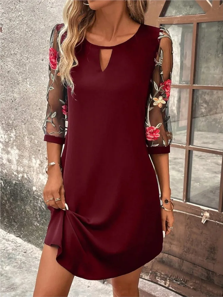 

Vintage Flower Embroidery Mesh Sleeve Women Dress 2024 Spring New O-neck Hollow Out Solid A-line Midi Party Dress Vestidos