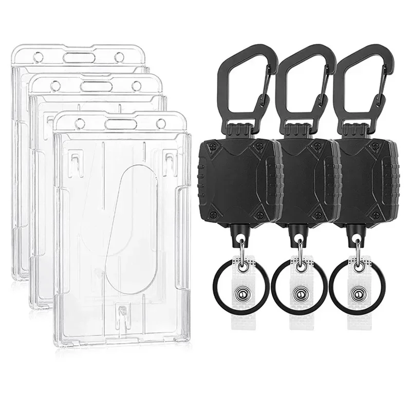 

Transparent Vertical Dual Card Holder Black Heavy Duty Outdoor Keychain Hook Buckle Id Badge Holder Lanyard Porta Credencial