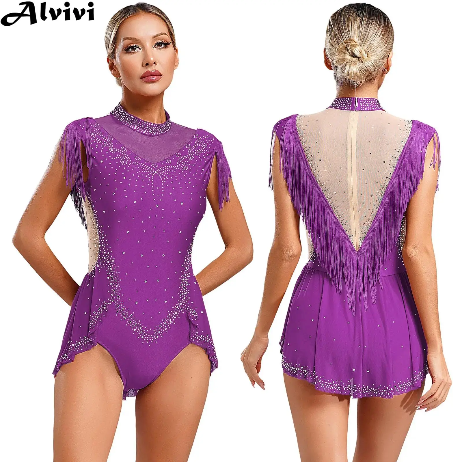 Justaucorps de gymnastique de Ballet pour femmes, robe de danse latine lyrique, sans manches, strass, maille, pompon, vêtements de danse