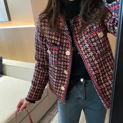 Women's Elegant Open Front Round Neck Fringed Plaid Tweed Jacket Coat New Fashion Plaid Short Tops Outerwear