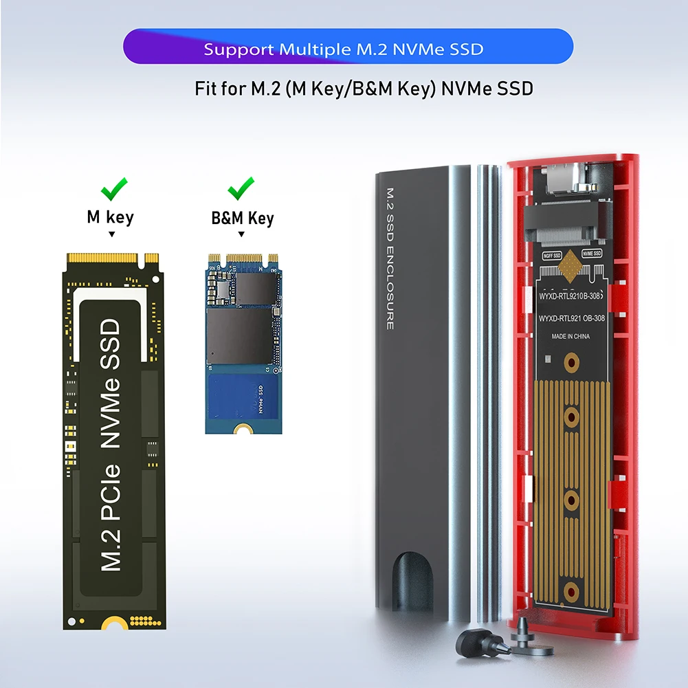 M2 SSD Case M.2 to USB 3.1 Gen 2 10Gbps NVMe SSD Enclosure for NVMe PCIE M Key/ (B+M) Key SSD Hard Disk Box M.2 Adapter Reader