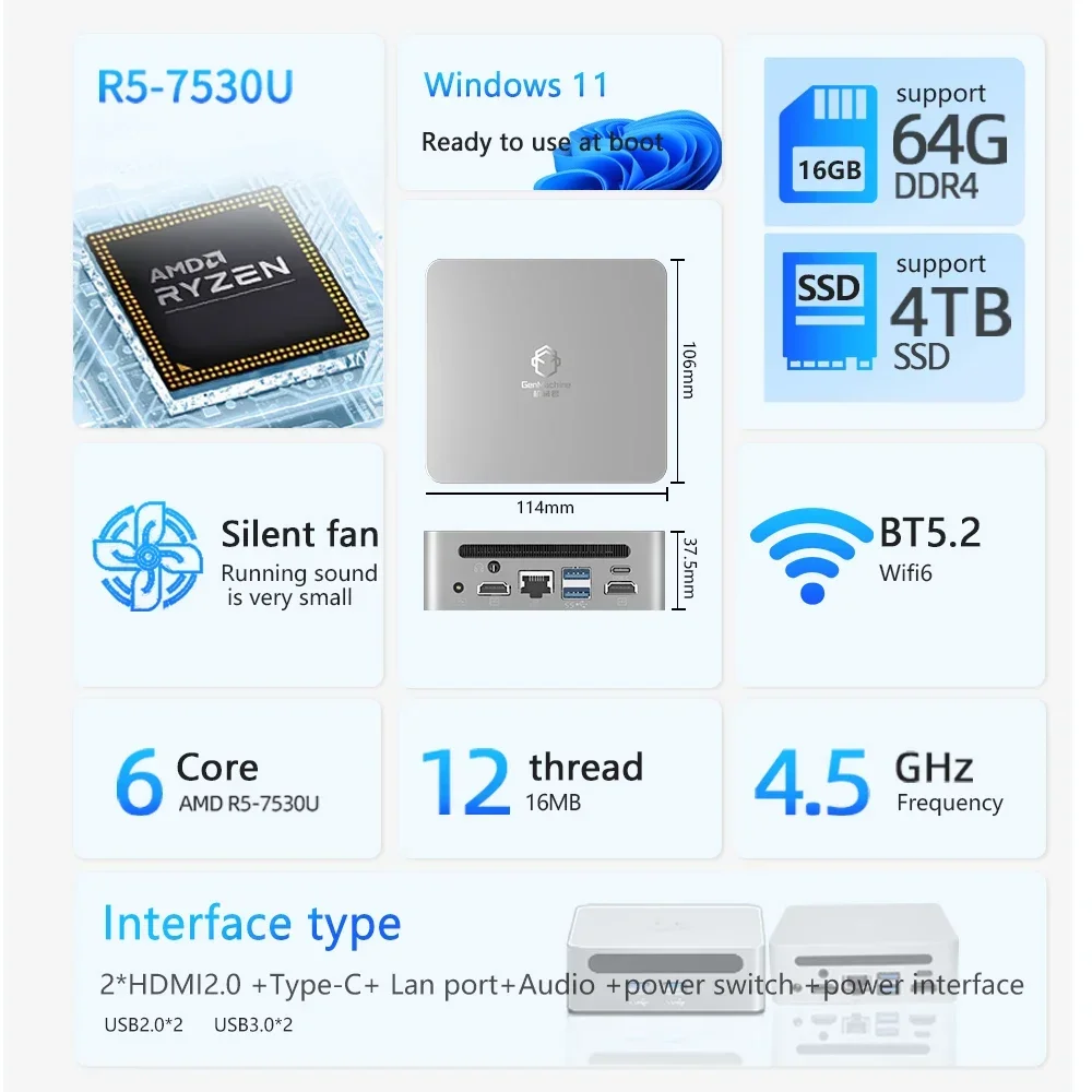 Zbox-ミニPC ryzen 5 7530u, 2 x ddr4, 3200mhz, 16gb, 512gb, pcie 