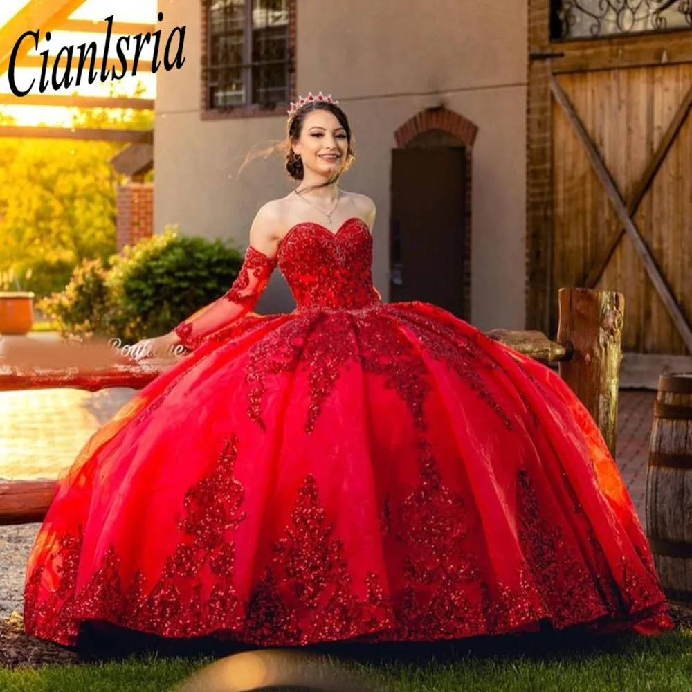 

Gogerous Sweetheart Neck Quinceanera Dresses Sweep Train Detachable Puffy Sleeve Beauty Pageant 3D Flowers Prom Gowns