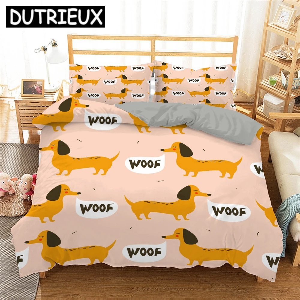Sausage Dog Print Duvet Cover Set Queen King Full Size Cartoon