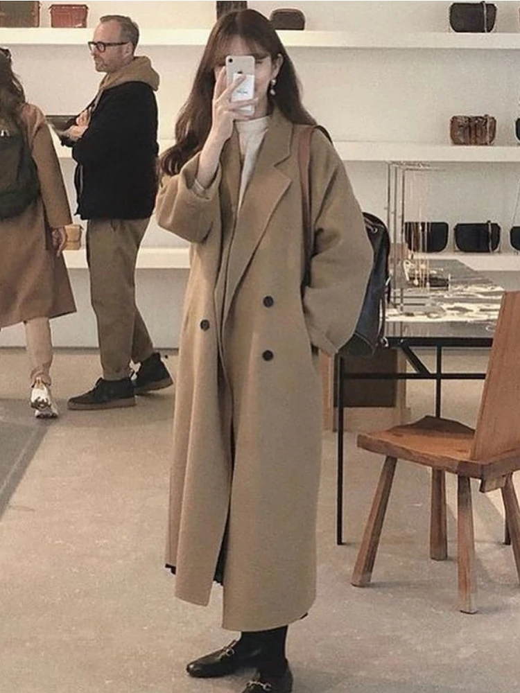 

MENINA BONITA 2023 Double-breasted Real Fur Coat Winter Jacket Women Cashmere Wool Blends Belt Outerwear X-Long Warm Streetwear