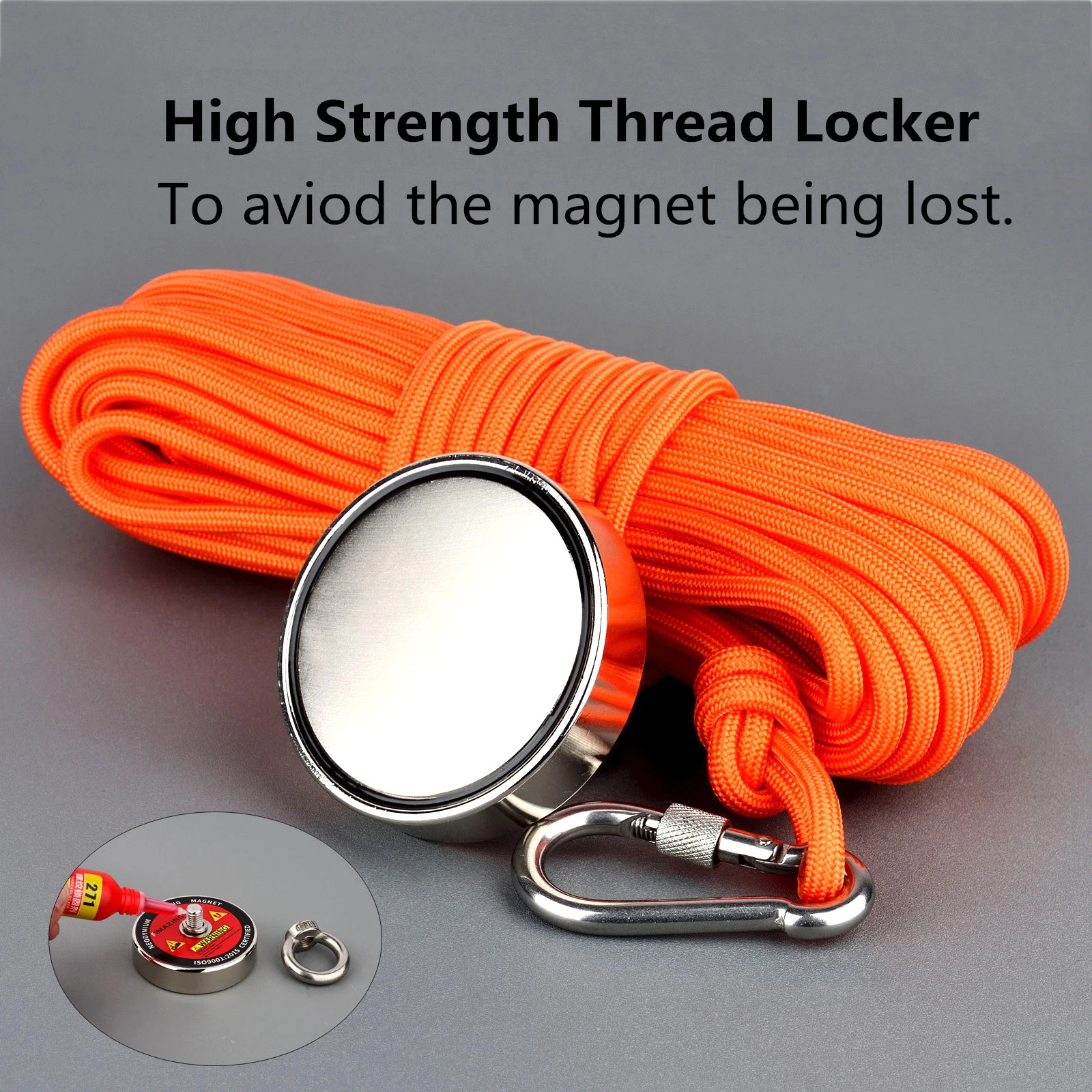 Strong Fishing Magnet Kit 150KG/220KG Heavy Duty 49feet Rope Gloves Locking Carabiner,Threadlocker 2