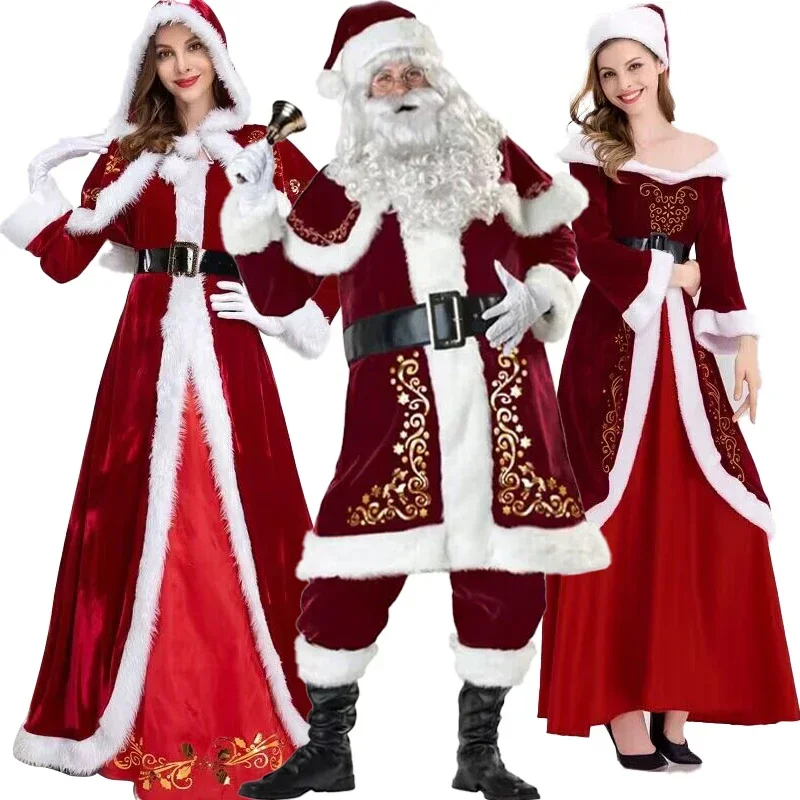 

Christmas cosplay costume Santa Claus suit Deluxe cosplay uniform velvet red dress for women Man adult role play Xmas party set