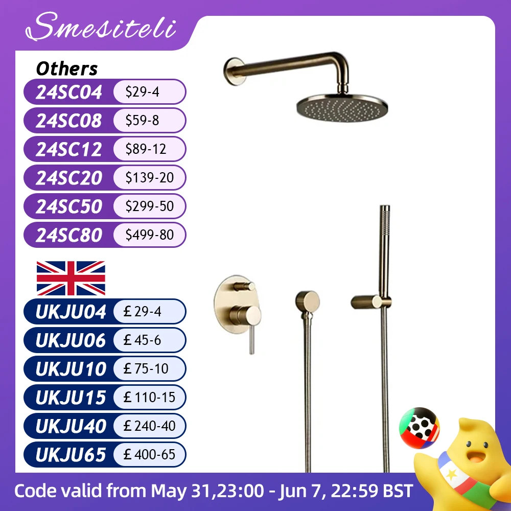 Shower System Wall Mount Bathroom Set Bath Faucet Brass Diverter Mixer Tap Brushed Gold With RainFall Head And Hand Held 8-12"