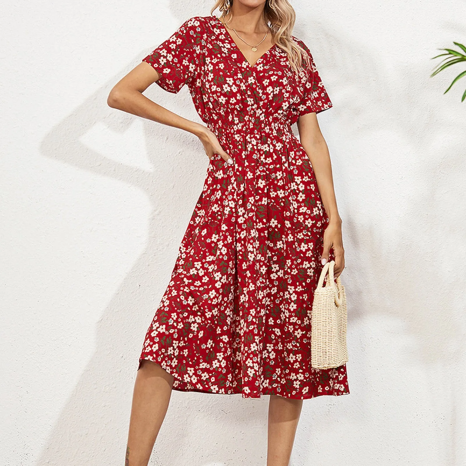 

Women Elegant Printed Casual Beach Midi Dresses Summer V-neck Short Sleeve Empire Waist A-Line Dress Sundress Vestido Robes