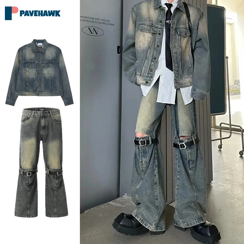 

Blue Retro Denim Set Men Japanese Harajuku Distress Wash Cowboy Jackets Hole Broken Jeans Two Piece Sets Spring Autumn Suit 2023