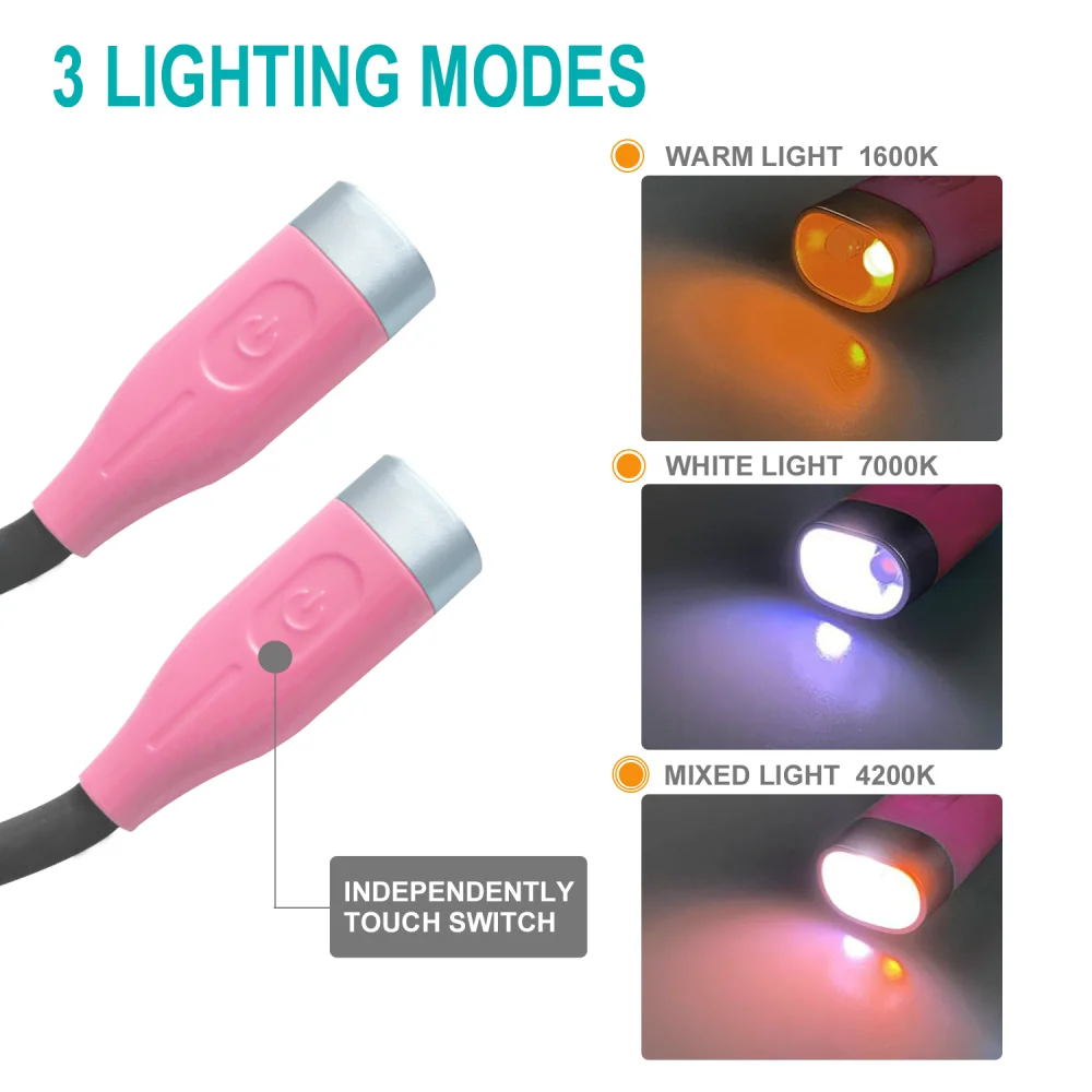 휴대용 목 독서 등 유연한 핸즈프리 책 램프 USB 충전식 참신 침대에서 독서를위한 구부릴 수있는 팔