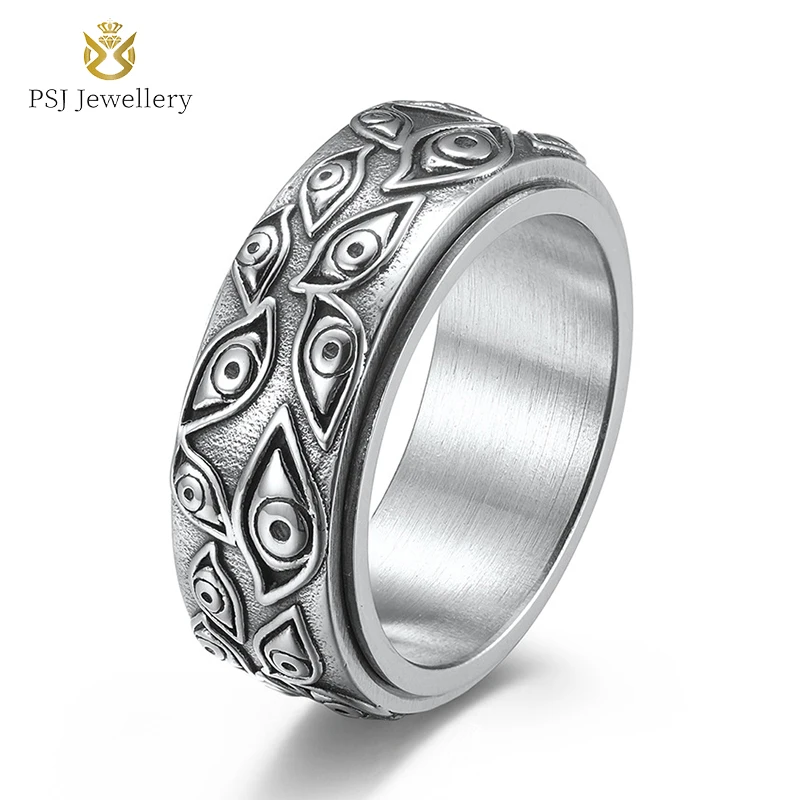 

PSJ Fashion Jewelry Punk Style 9MM Rotatable Eye of Devil Design Titanium Stainless Steel Rings for Men Wedding Engagement