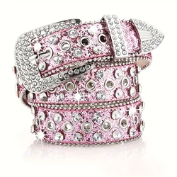 Rhinestone Sparkle PU Leather Belt - Trendy Y2K Style - 115CM (Pink)