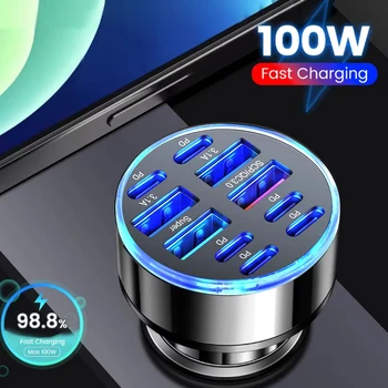 Caricabatteria da auto da 100 W 10 porte Ricarica rapida PD QC3.0 Caricatore per telefono da auto USB C Adattatore di tipo C in auto per iPhone Samsung Huawei Xiaomi