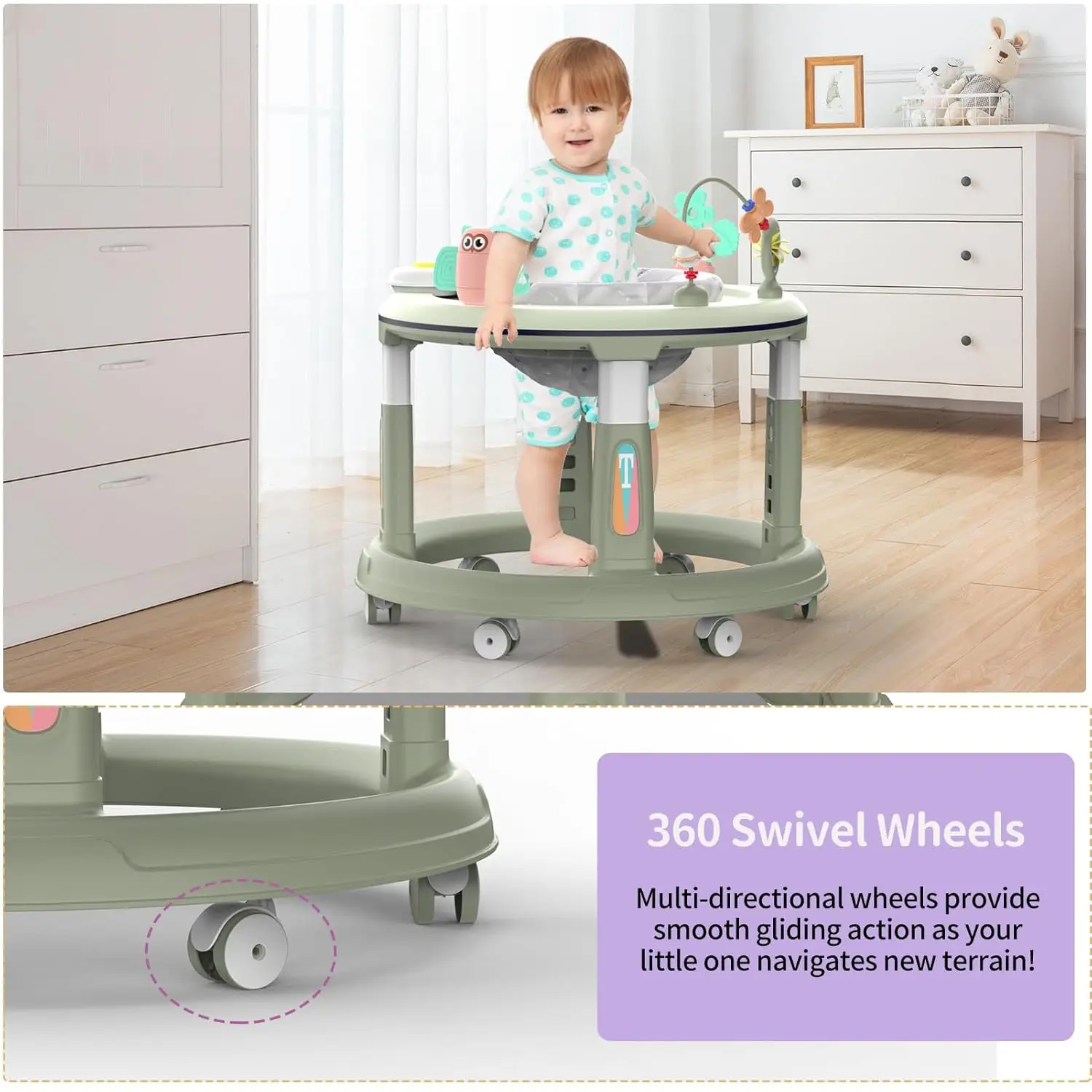 Baby Walker 5 Adjustable Heights Baby Activity Center 360&deg; Swivel Seat Music Detachable Toys Bounce Foot Pad