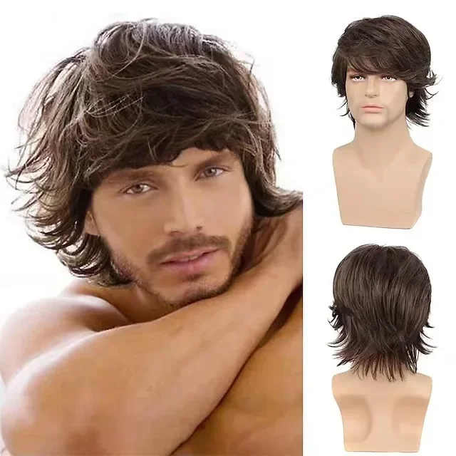 

Short Wig Mens Brown Retro 70s 80s Wig Disco Rocker Curly Punk Fancy Party Halloween Cosplay Costume Full Wigs with Wig Cap