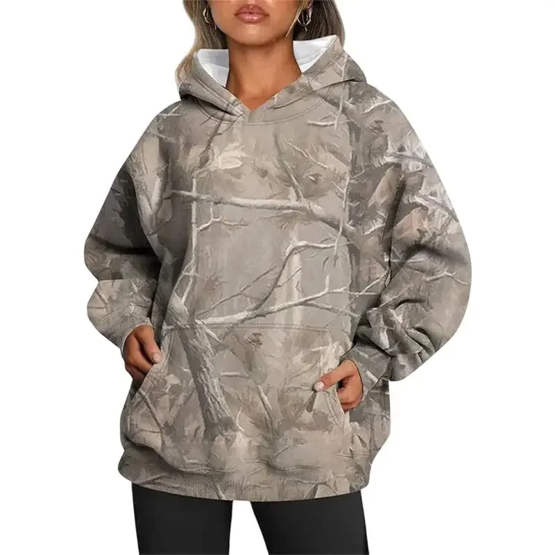 Gray Camo Leaf Print Kangaroo Pocket Quarter Zip Hoodie