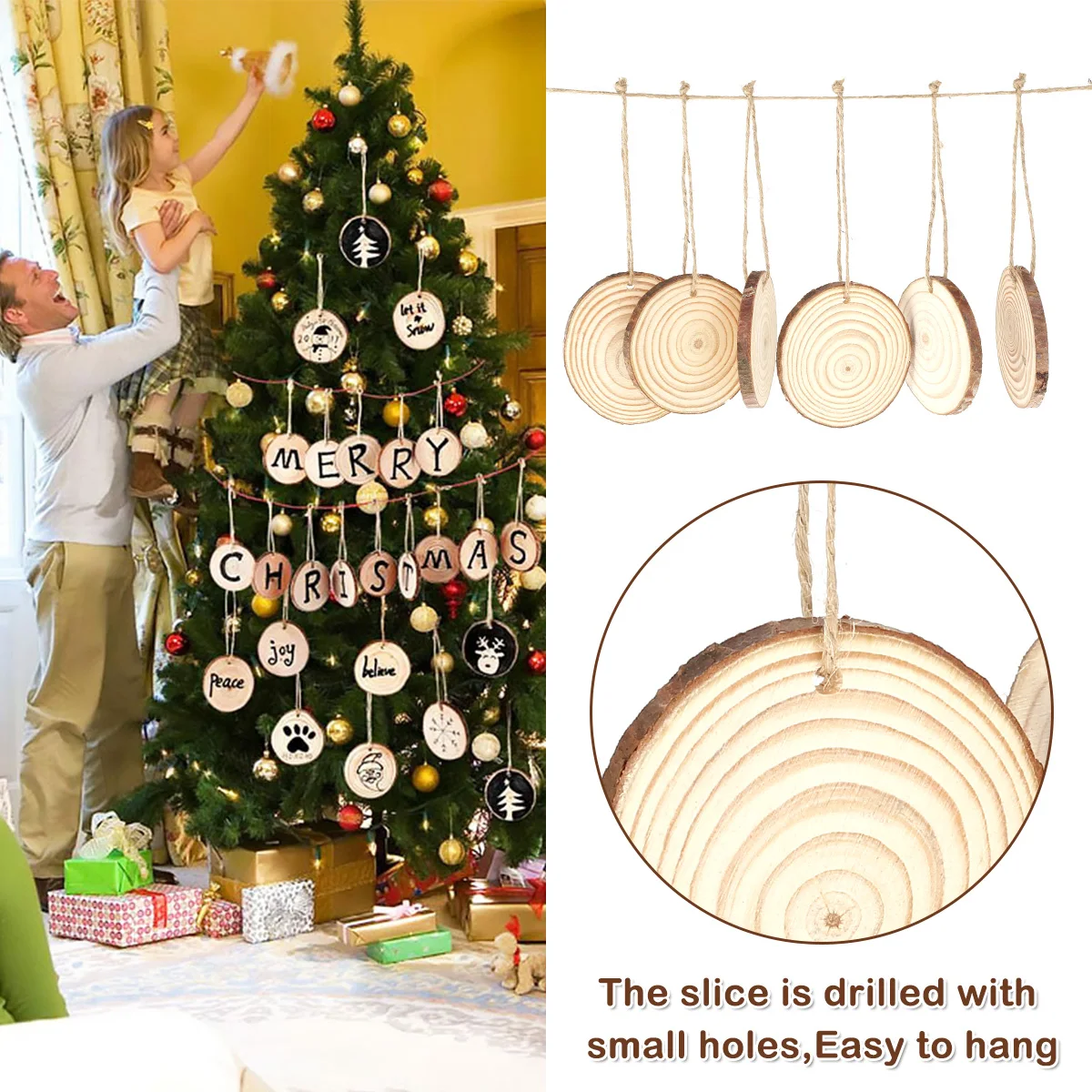 30pcs Unfinished Wood Slices DIY Kids Arts and Crafts Coasters with Hanging Rope For Christmas Ornaments DIY Rustic Wooden Discs