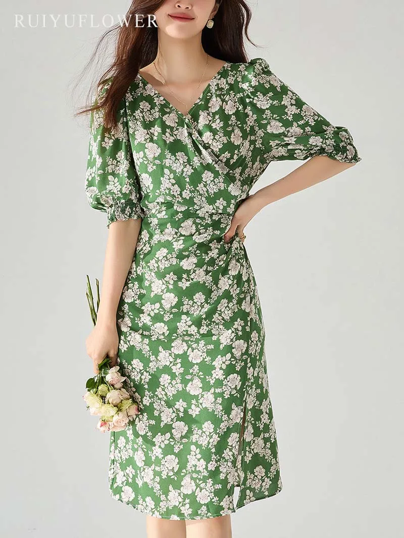 

Женское приталенное платье с принтом во французском стиле, юбка до середины икры с высокой талией, пышными рукавами и V-образным вырезом на боку, женская одежда на весну-лето