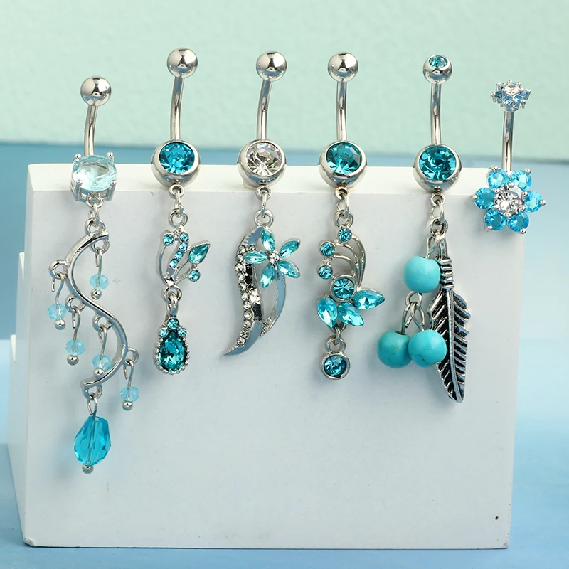 1-6PCS Blue Crystal Belly Button Rings Stainless Steel Heart Navel Piercing Barbell For Women Butterfly Belly Ring Beach Jewelry