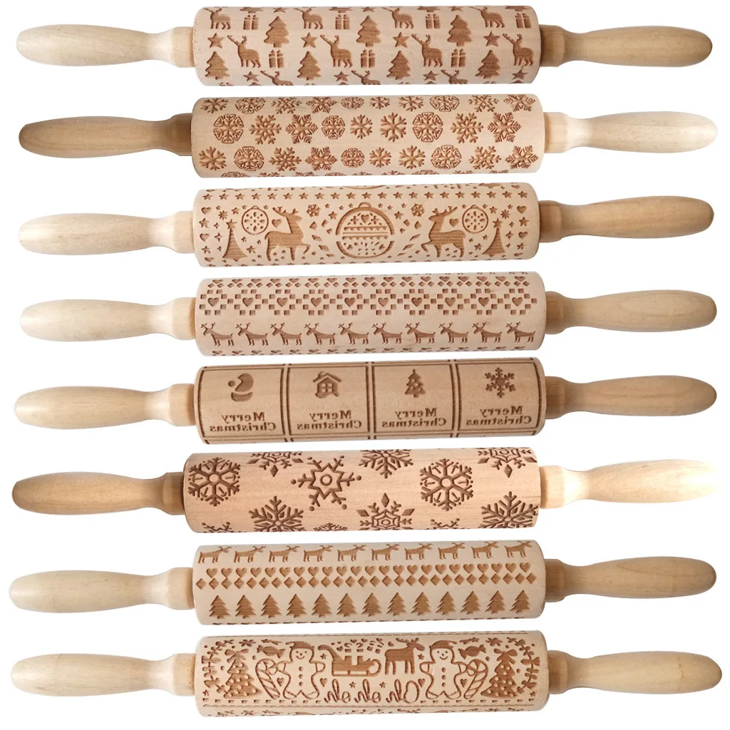 Christmas Wooden Rolling Pins with 3D Engraved Christmas Snowflake Embossed Cookie Dough Kitchen Baking Tool Christmas Supplies Christmas Wooden Rolling Pins with 3D Engraved Christmas Snowflake Embossed Cookie Dough Kitchen Baking Tool Christmas Supplies