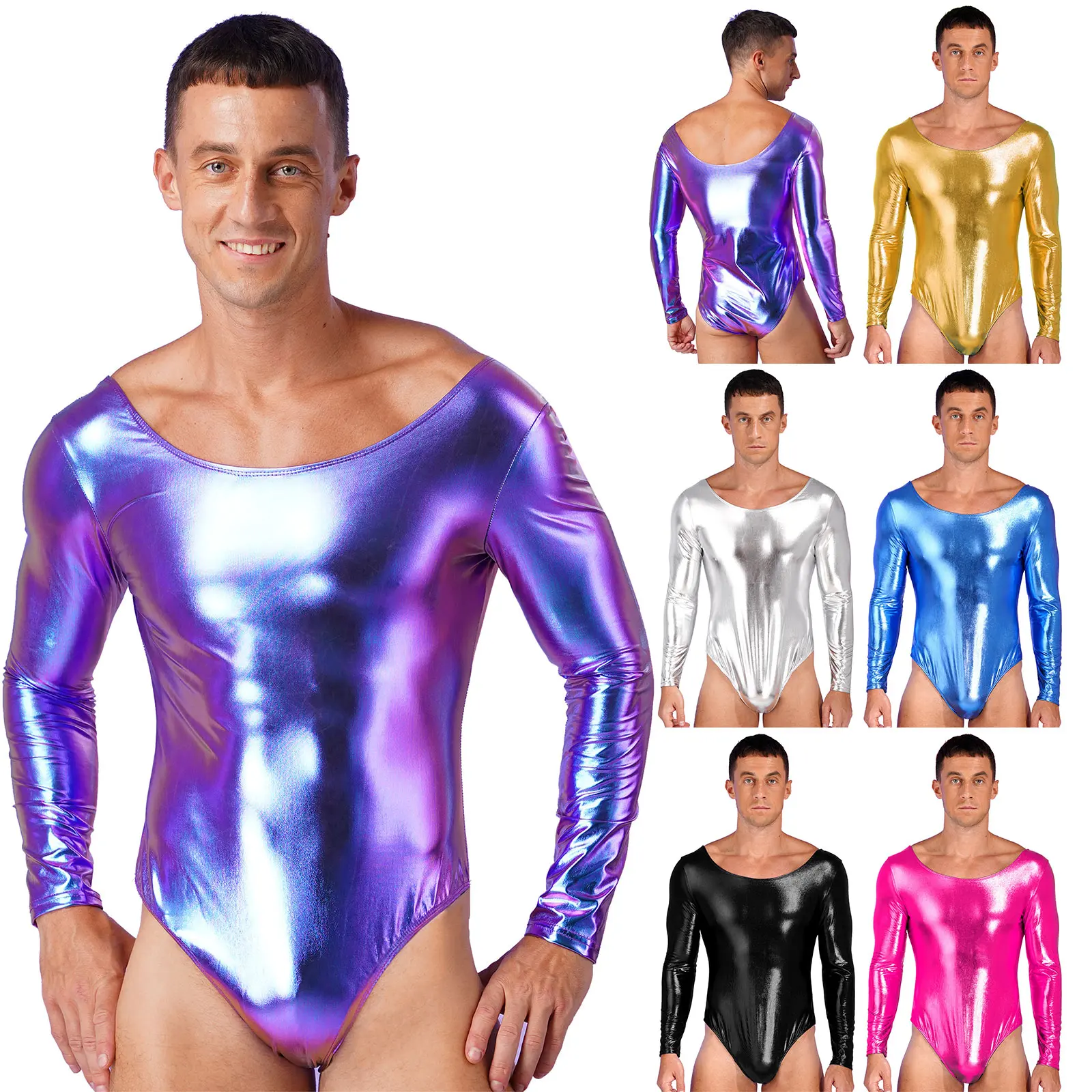 Mens Shiny Patent Leather Long Sleeves Bodysuit One-piece Monokini Bodycon Leotard Ballet Gymnastics Stage Performance Dancewear
