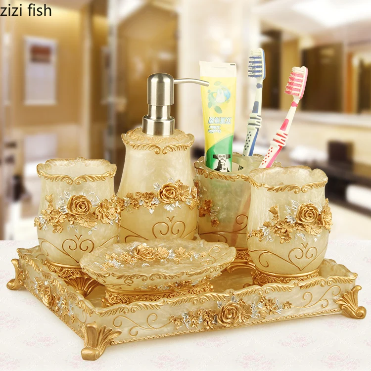 Bathroom Accessories European Resin Household Bathroom Set Soap Dispenser Tooth Brush Holder Cup Soap Dish Tray Toilet Brush Wastebin Storage Set