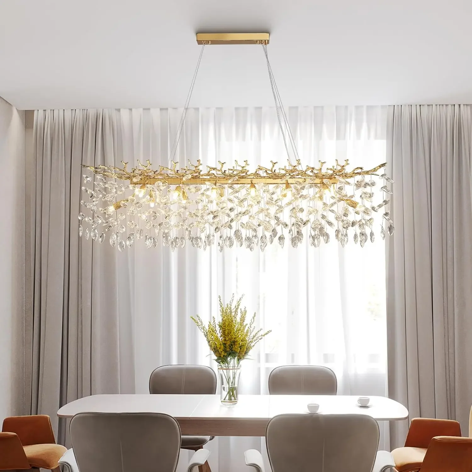 Gold Branch Crystal Ceiling Chandelier For Dining Room Kitchen Table Living Room Bedroom Rectangular