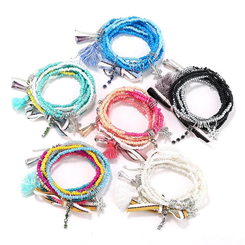 Bracelet jewelry Bohemia Evil Eye Tassel Charm Beads Bracelets Set Bangles For Women Multilayer Crystal Heart Life Tree Charm Wristband Gifts