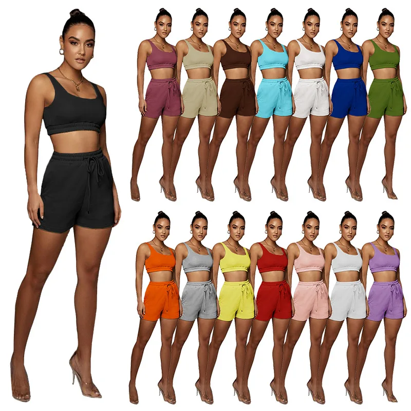 Summer Outfit Two Piece Short Pants Set Blank Biker Joggers Crop Tank Top Suits Wholesale Women Clothing Sleeveless 2 Piece Set