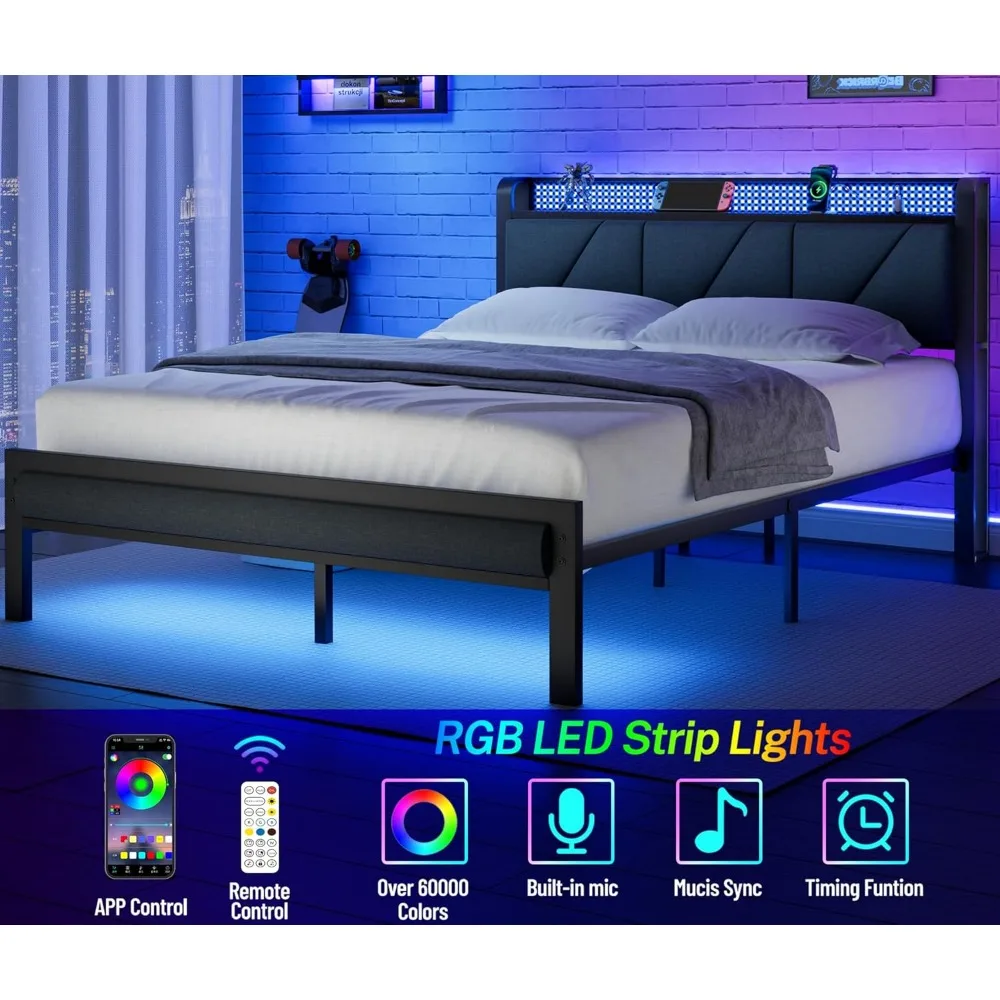 Bed Frame with Headboard and LED Lights, Upholstered Bedframe with Charging Station and USB Port, Platform Metal Bed Frames 3