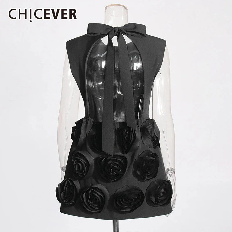 

CHICEVER Elegant Spliced Appliques Dress For Women O Neck Sleeveless High Waist Backless Patchwork Lace Up Dresses Female New